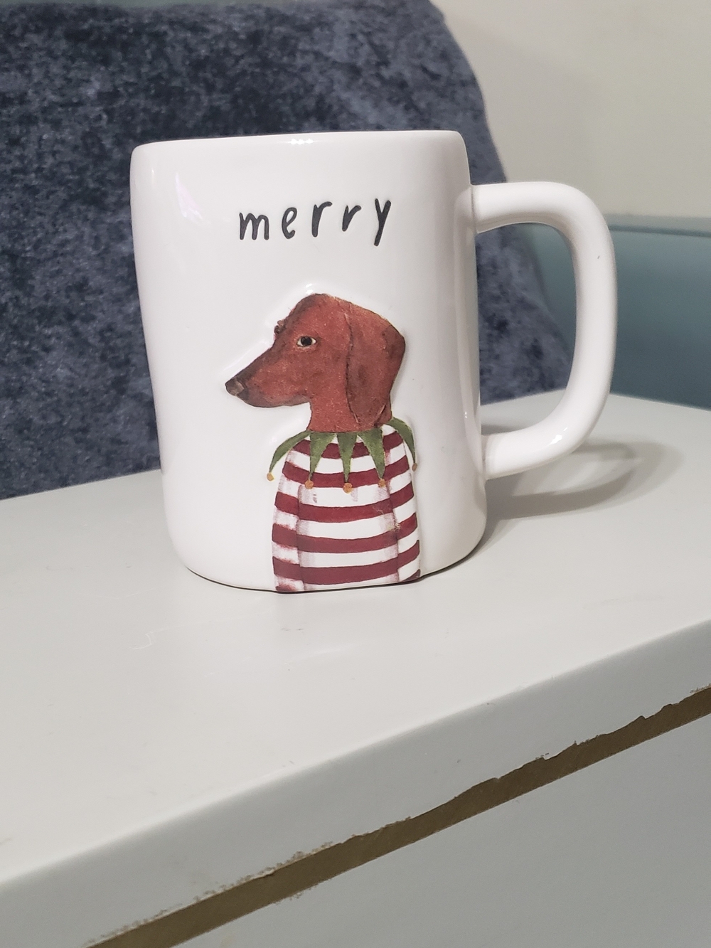 Rae Dunn White Holiday Dog 'Merry' Mug with Red Stripes